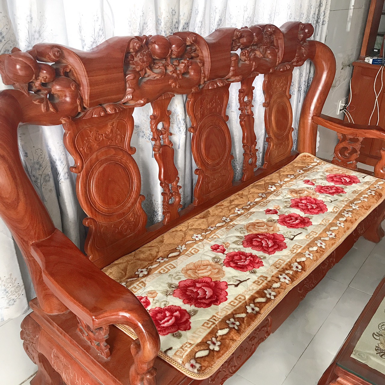 Thảm Lót Ghế Sofa, Đệm Lót Salon Gỗ, Bộ Ba Thảm ghế nhung in hoa văn [ngăn ghế bị trầy xước, ngồi êm ái] gồm 3 tấm