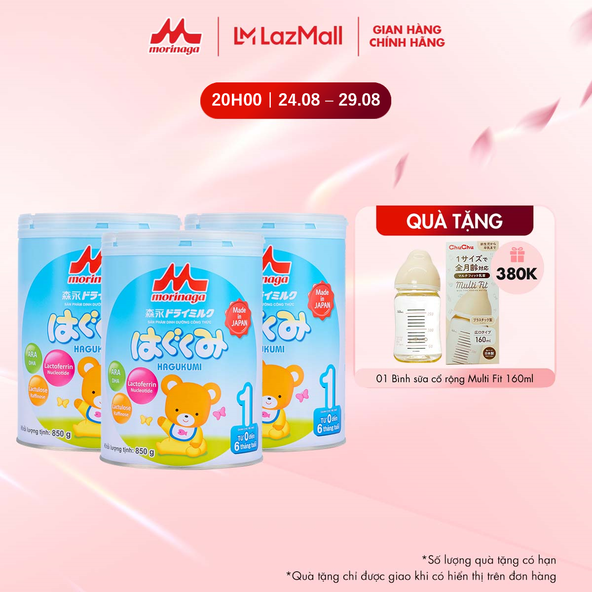 Combo 3 lon sữa Morinaga Hagukumi Số 1 Nhật Bản tăng sức đề kháng, DHA, Ca từ 0 - 6 tháng chính hãng