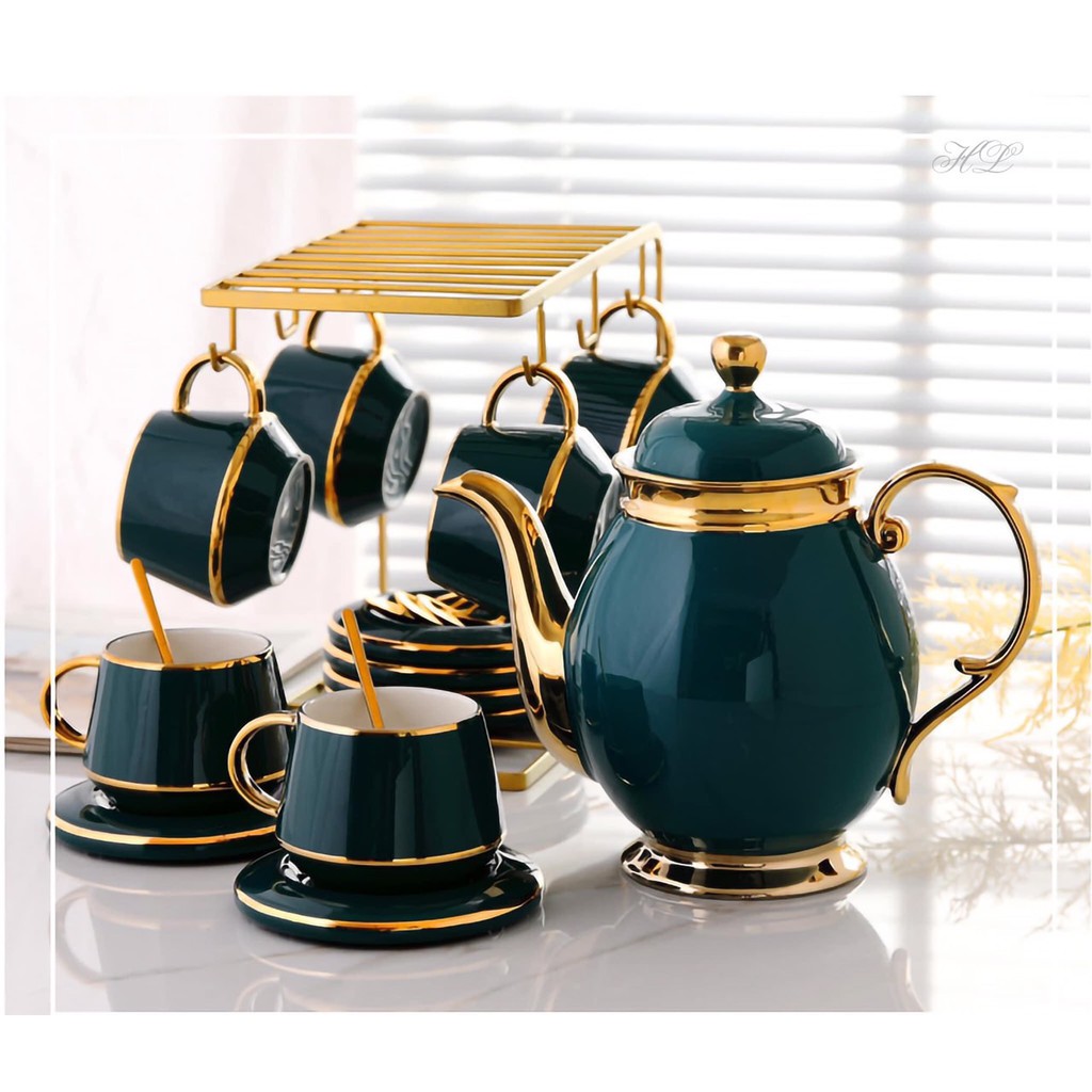 Bộ ấm chén sứ xanh cổ vịt cao cấp kèm khay và giá treo - Minh Khang Store