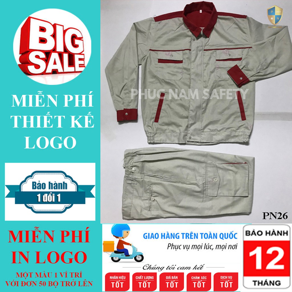 Bộ quần áo bảo hộ lao động ghi sáng phối đỏ có khóa kéo PN26, Quần áo bảo hộ lao động PN26, BHLĐ Phúc Nam