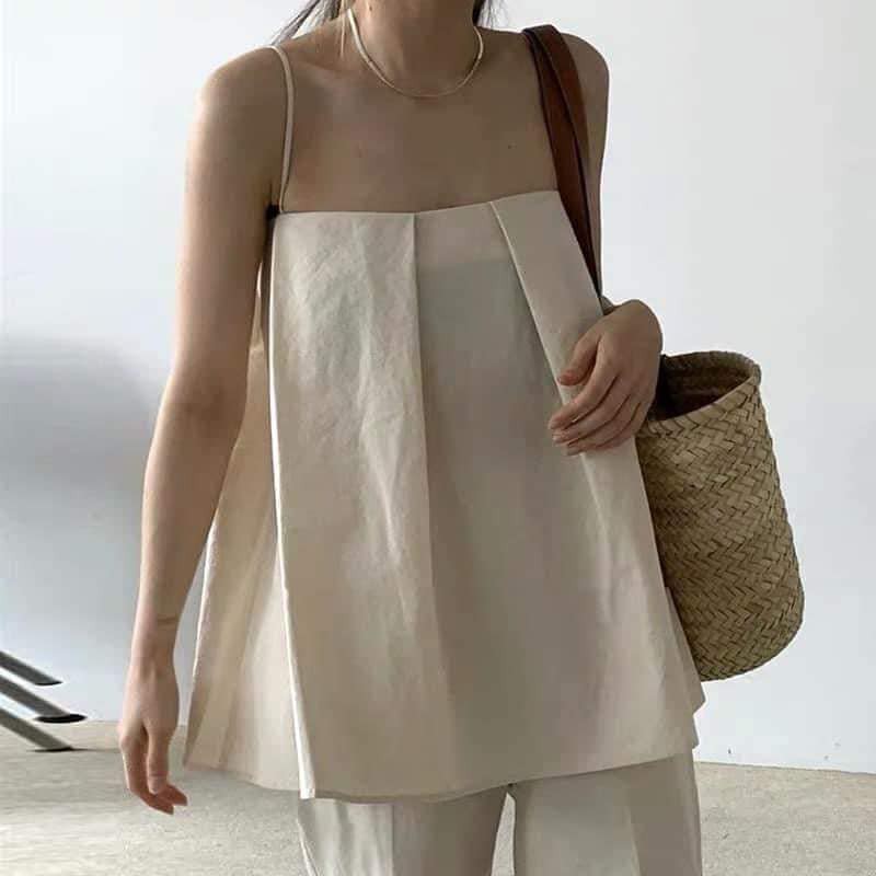 Áo dây xếp li 2 màu trắng nude - vin top