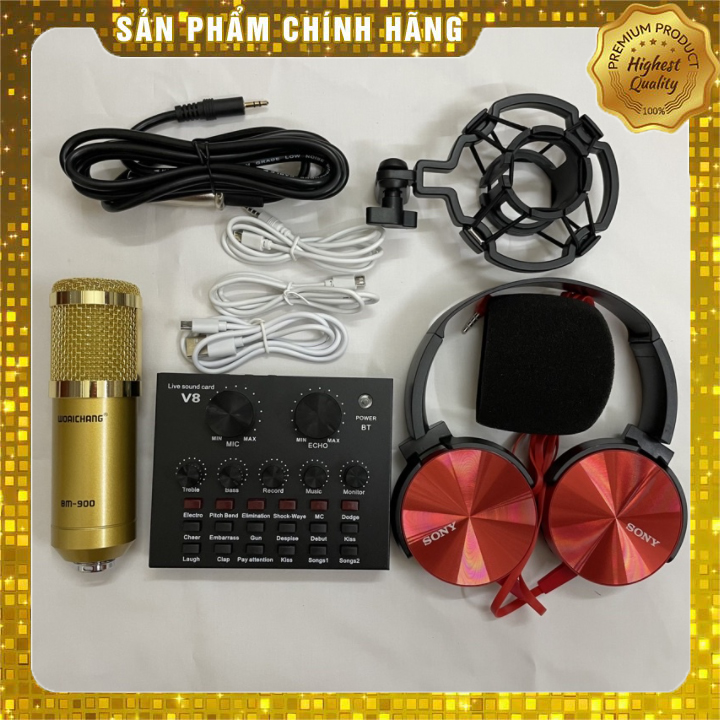 Combo bộ míc thu âm livestream hát karaoke online micro zangsong bm-900 card v8 bluetooth tặng tai 450