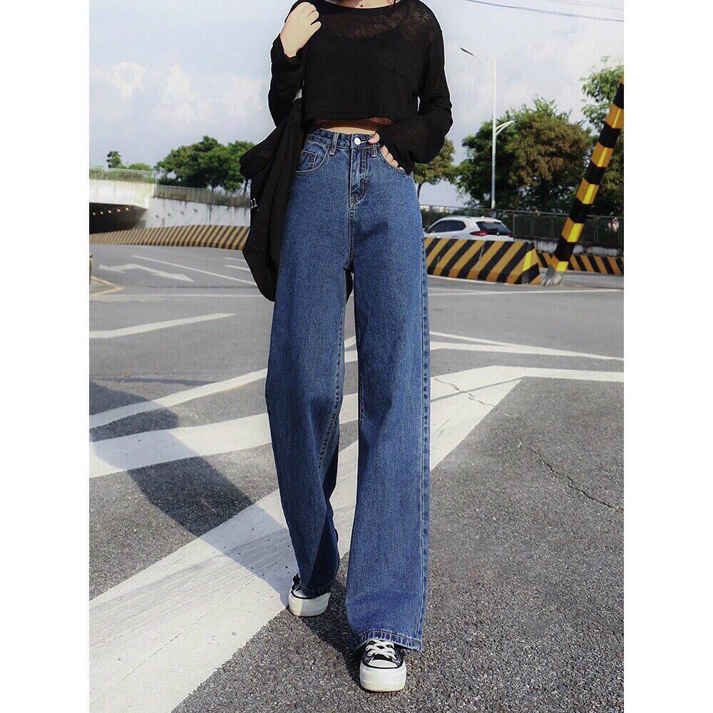 Quần baggy jean nữ ống suông lưng cao