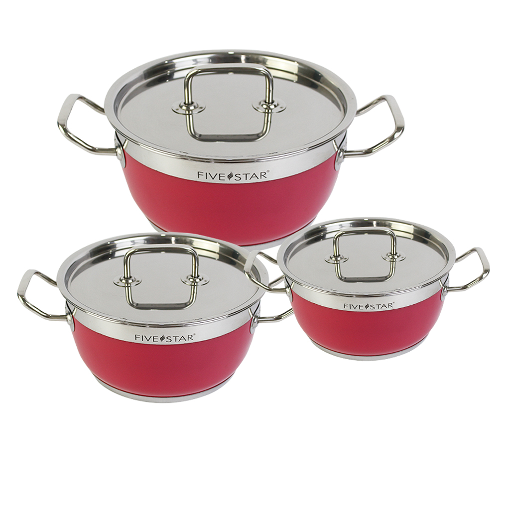 Bộ nồi inox màu cao cấp Fivestar nắp inox ( 16cm x 20cm x 24cm ) 3 đáy dùng được bếp từ , hồng ngoại , gas