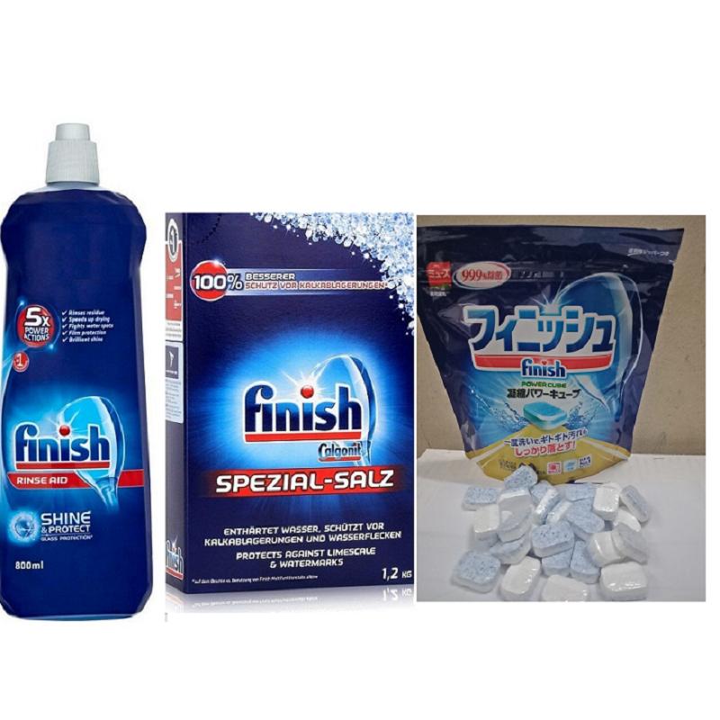 bộ sản phẩm 60 viên rửa chén Finish Nhật + Muối làm mềm nước1,2kg + nước làm bóng Finish 400ml