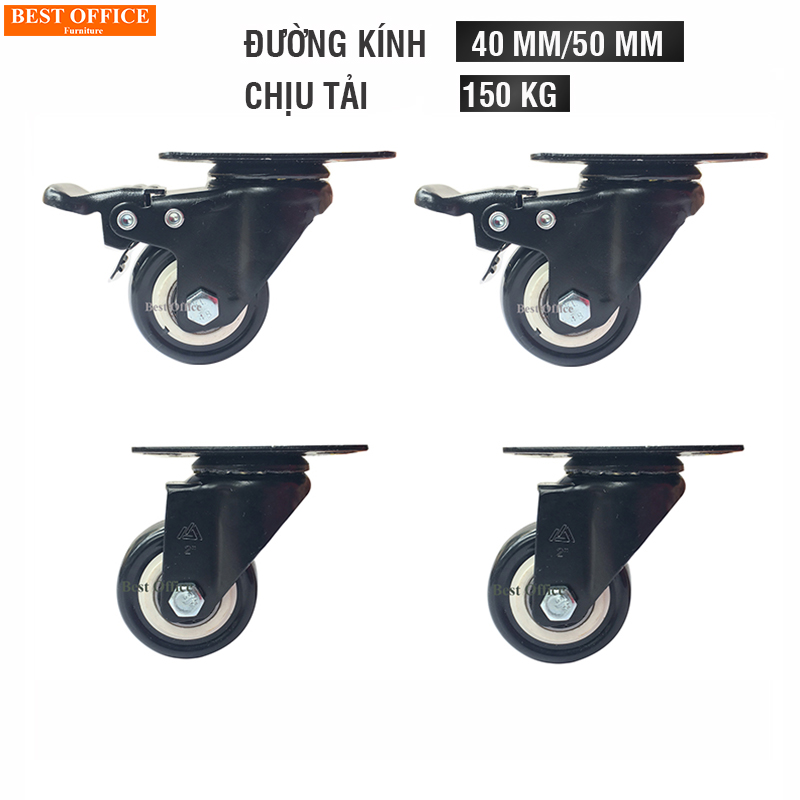 Bộ 4 bánh xe đẩy hàng 50mm, 40mm chịu tải 150kg loại tốt, chất liệu cao su bọc nhựa chịu lực cao, di chuyển đa mặt sàn cho xe kéo, xe đẩy hàng