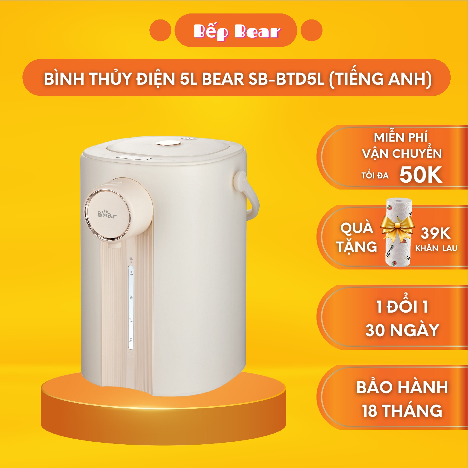 Bình thủy điện đun nước nóng giữ nhiệt 5l bear chính hãng sb-btd5l bình đun nước thủy điện thông minh - bản tiếng việt bảo hành 18th