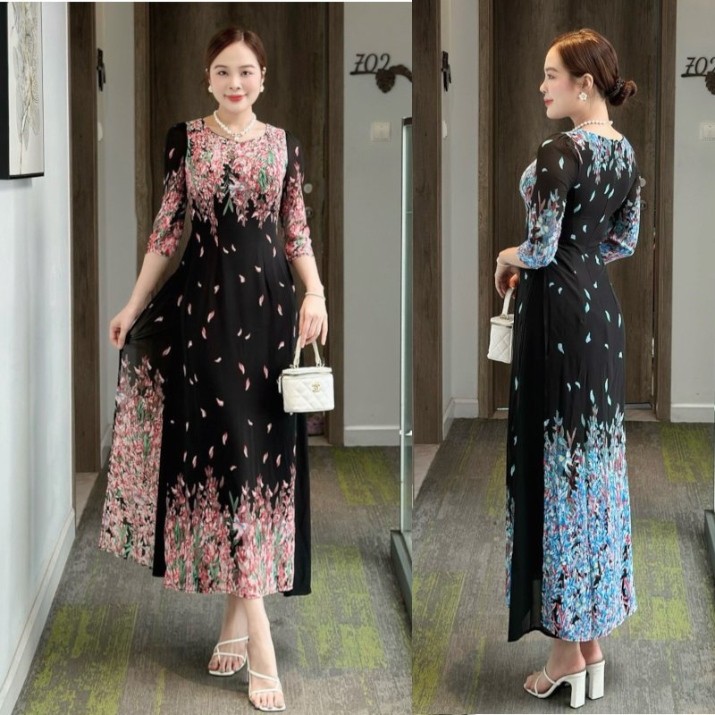 Đầm kiểu áo dài họa tiết hoa, cổ tròn, tay lỡ, lớp trong tùng váy xòe - MS0304