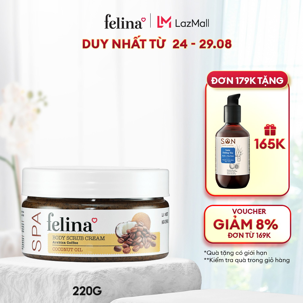 Kem tắm tẩy tế bào chết body Felina Home Spa 220g - Hạt cà phê Arabica và tinh dầu dừa giúp da sáng mịn, ngừa thâm sạm