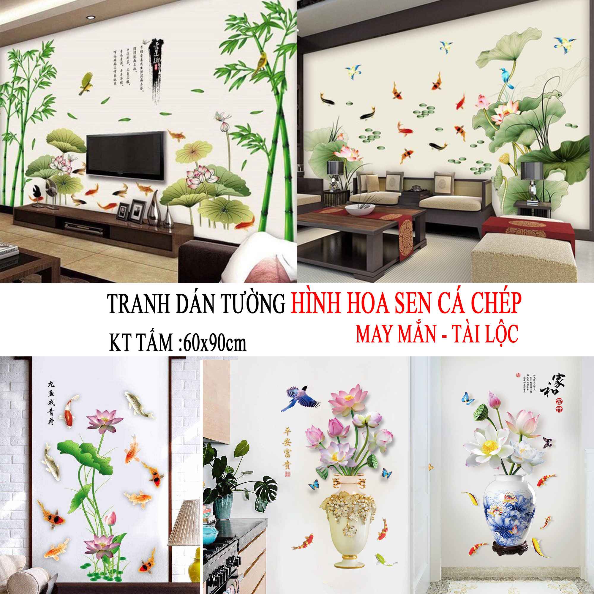 Decal trang trí hoa sen Sơn Thủy- Tranh dán tường trang trí phòng khách phòng ngủ