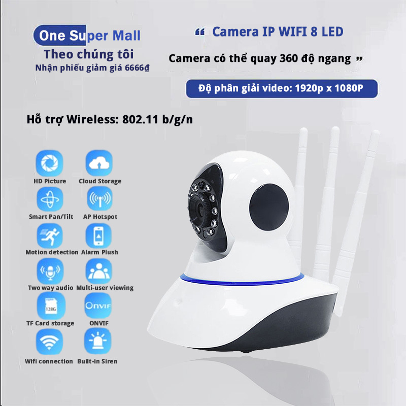 Camera ip wifi 8 led xoay 360 độ ban đêm có màu quan sát rõ ngày và đêm full hd 1080p 3.0mpx báo động chống trộm