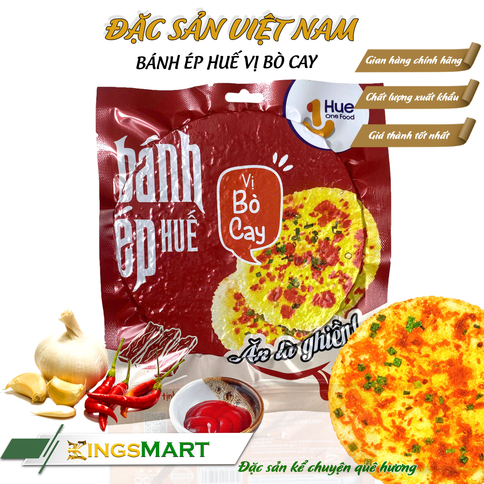 [MỚI LẠ] Bánh Ép Huế Vị Bò Cay - HUE ONE FOOD - Đặc sản Cố Đô Huế - Túi snack 45g - Kingsmart