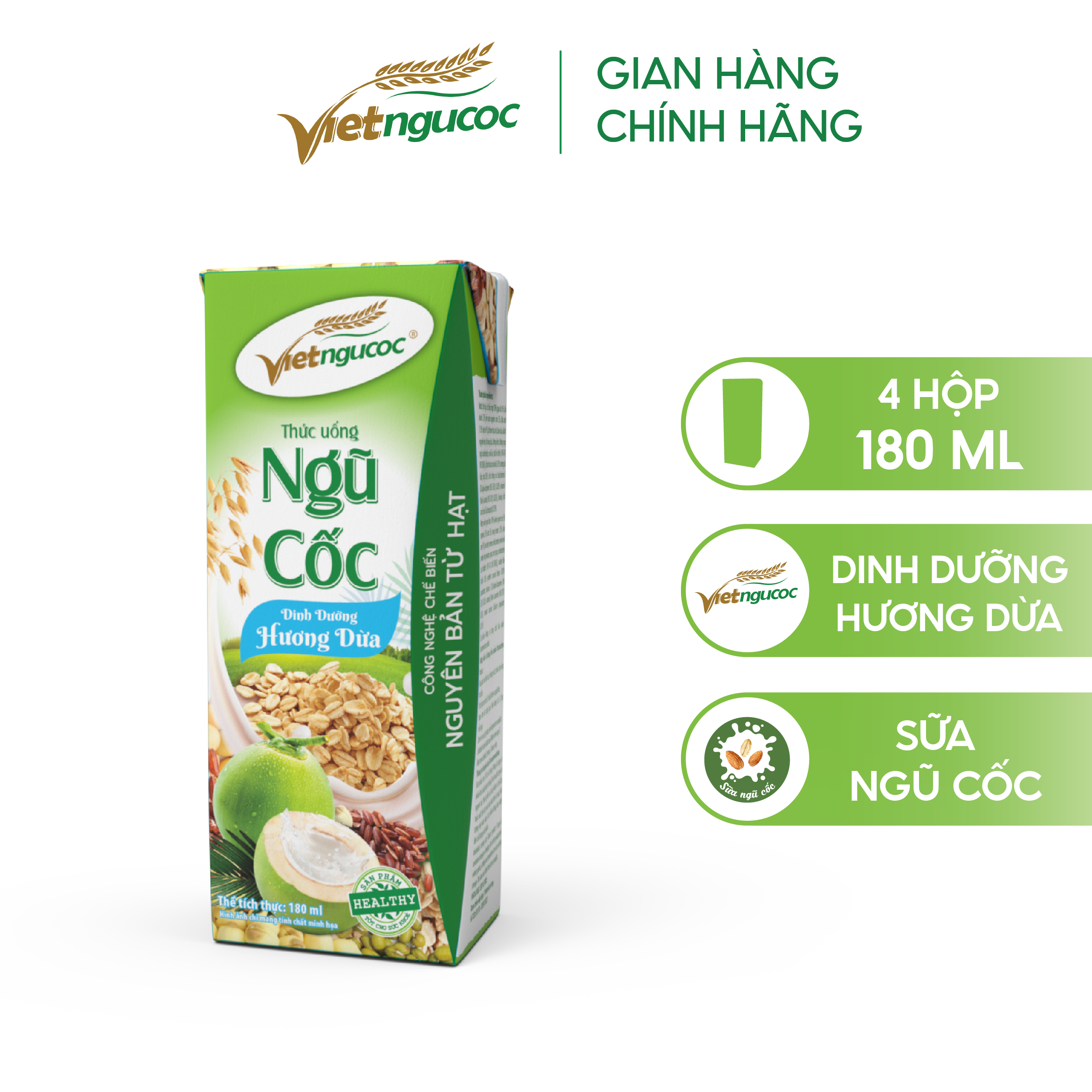 Lốc 4 Hộp Ngũ Cốc Dinh Dưỡng Hương Dừa VIỆT NGŨ CỐC Thơm Béo 180ml