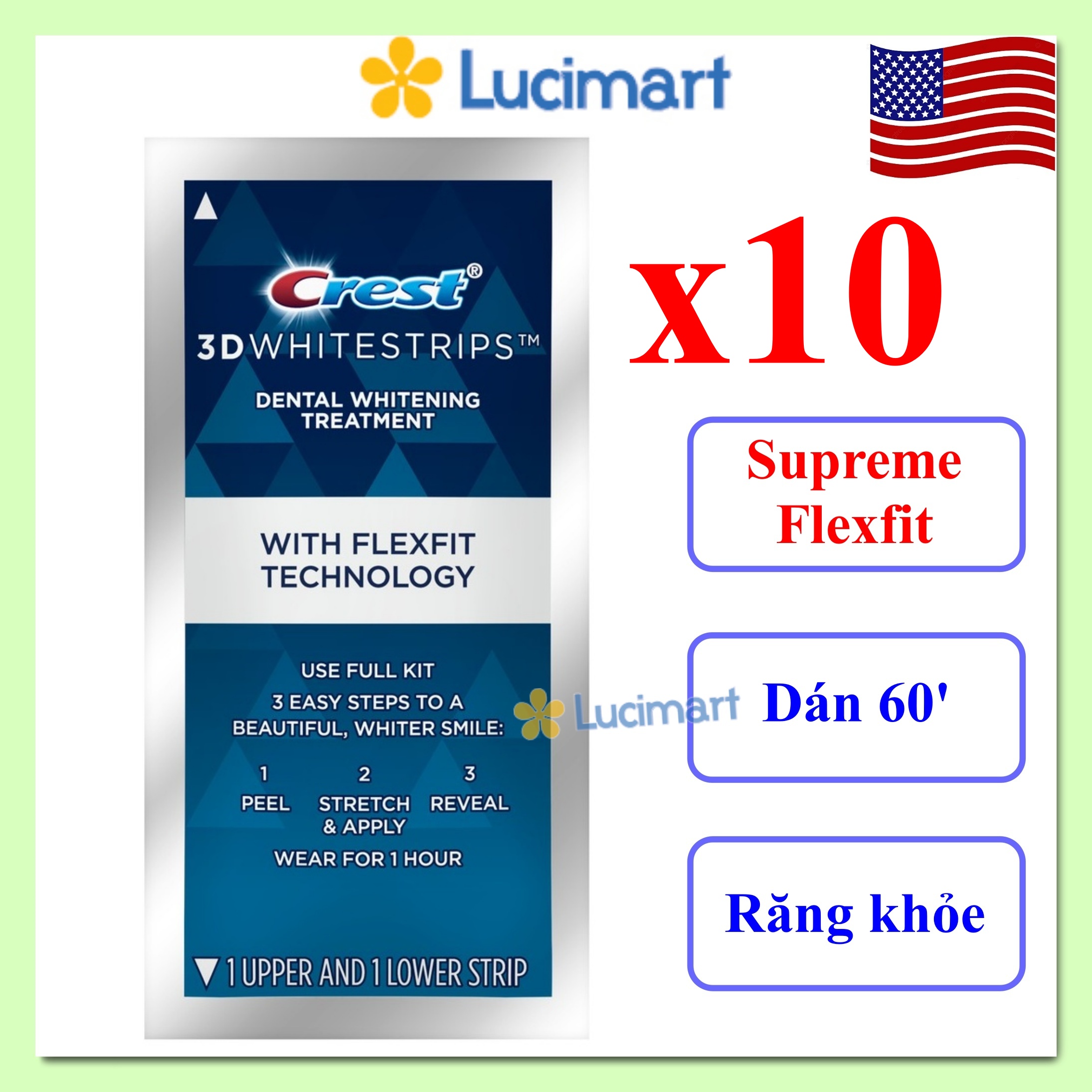 Combo 20 miếng (10gói 10 ngày) dán trắng răng từ USA, Crest 3D White Supreme Flexfit siêu mạnh, siêu trắng