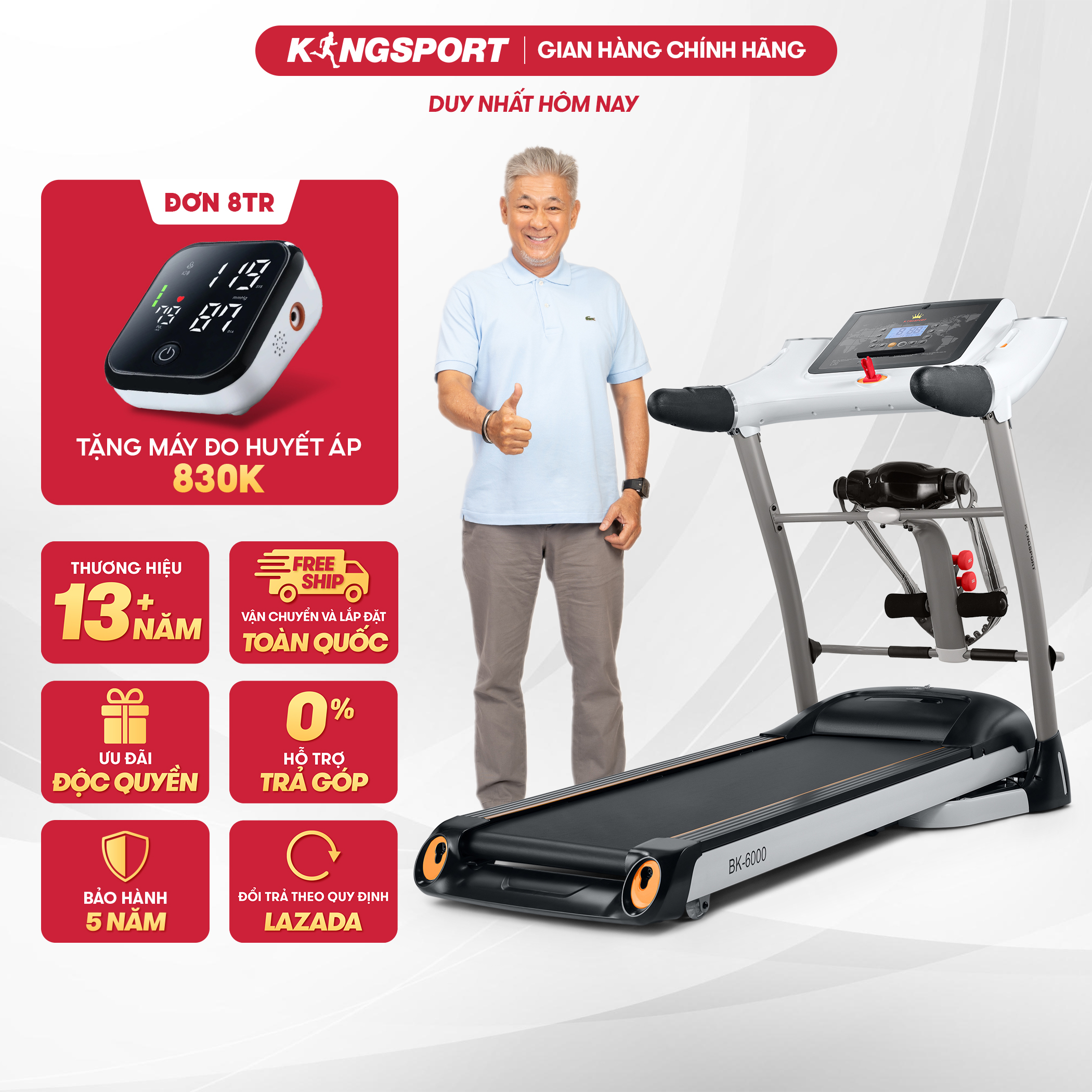 [Chỉ 8-14.4 | Miễn phí lắp đặt] Máy chạy bộ tại nhà Kingsport BK-6000 đa năng có chức nâng dốc tự động, kèm theo đai massage và thanh gập bụng