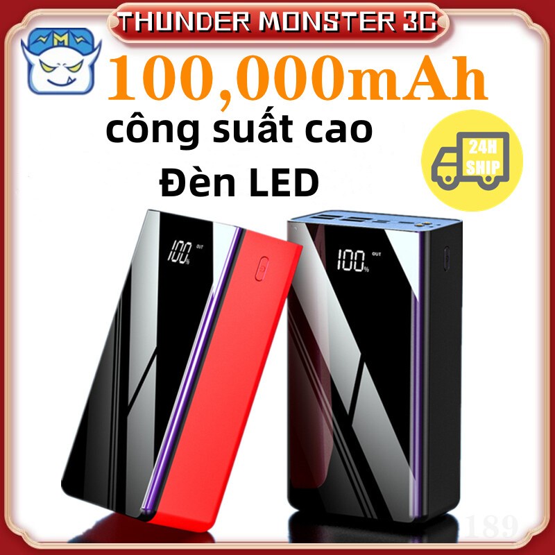 Power Bank 100000mAh Gương dung lượng lớn Màn hình kỹ thuật số Power Bank Đèn LED 4 đầu ra 3 đầu vào Pin ngoài