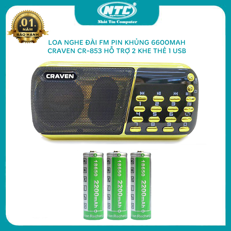 Loa mini, loa nghe nhạc, nghe đài FM Craven CR-853 hỗ trợ 2 khe thẻ nhớ và 1 cổng USB - dung lượng pin khủng 6600mah (nhiều màu) Phụ kiện 1986