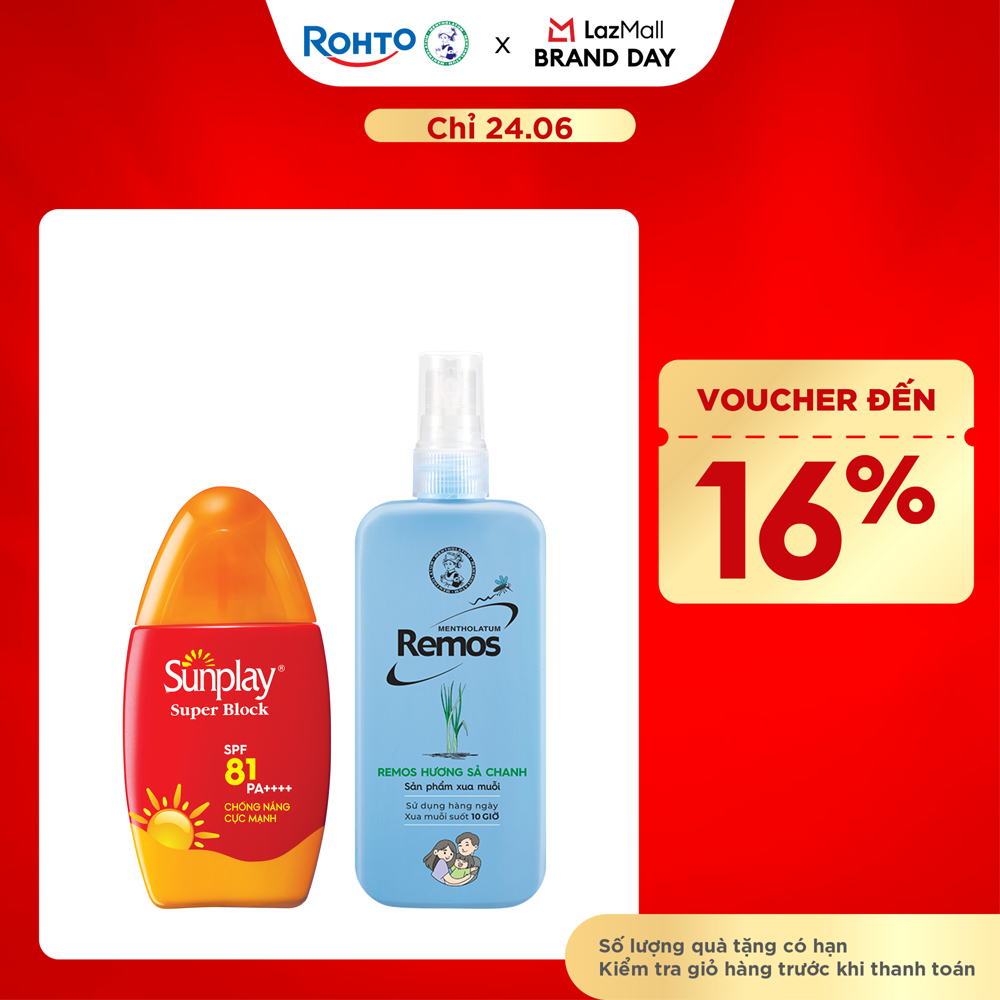 [VB] Combo sản phẩm chống nắng ngừa muỗi cho gia đình: Kem  chống nắng cực mạnh Sunplay Super Block 30g   Xịt chống muỗi hương Sả chanh Remos 150ml