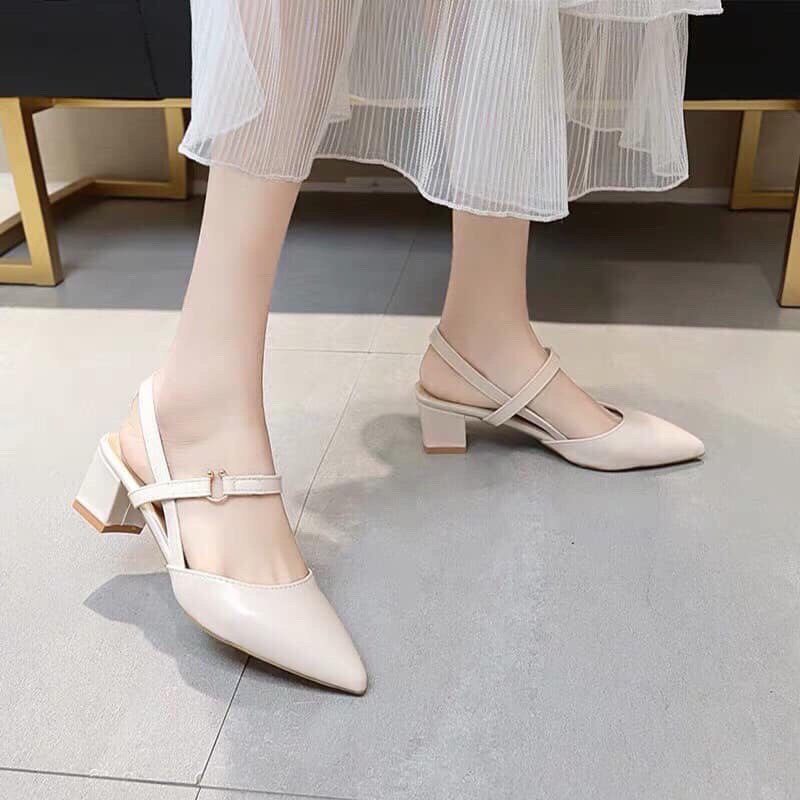 Sandal Cao Gót Nữ, Giày Cao Gót Thời Trang Nữ Mũi Nhọn Đế Hình Trụ Cao 5P