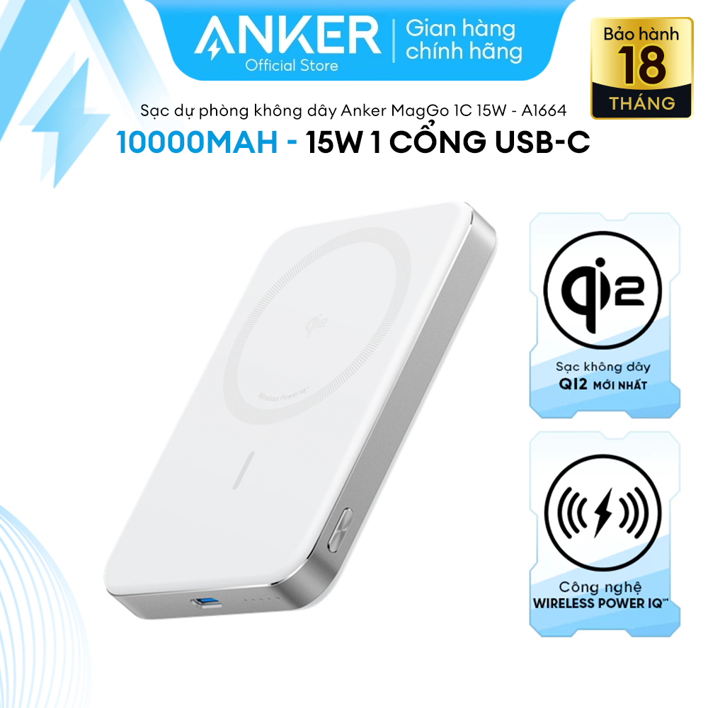 Pin Sạc Dự Phòng Không Dây Anker MagGo 10.000 mAh, Anker MagGo Power Bank (10K, Magnetic Wireless) - A1664