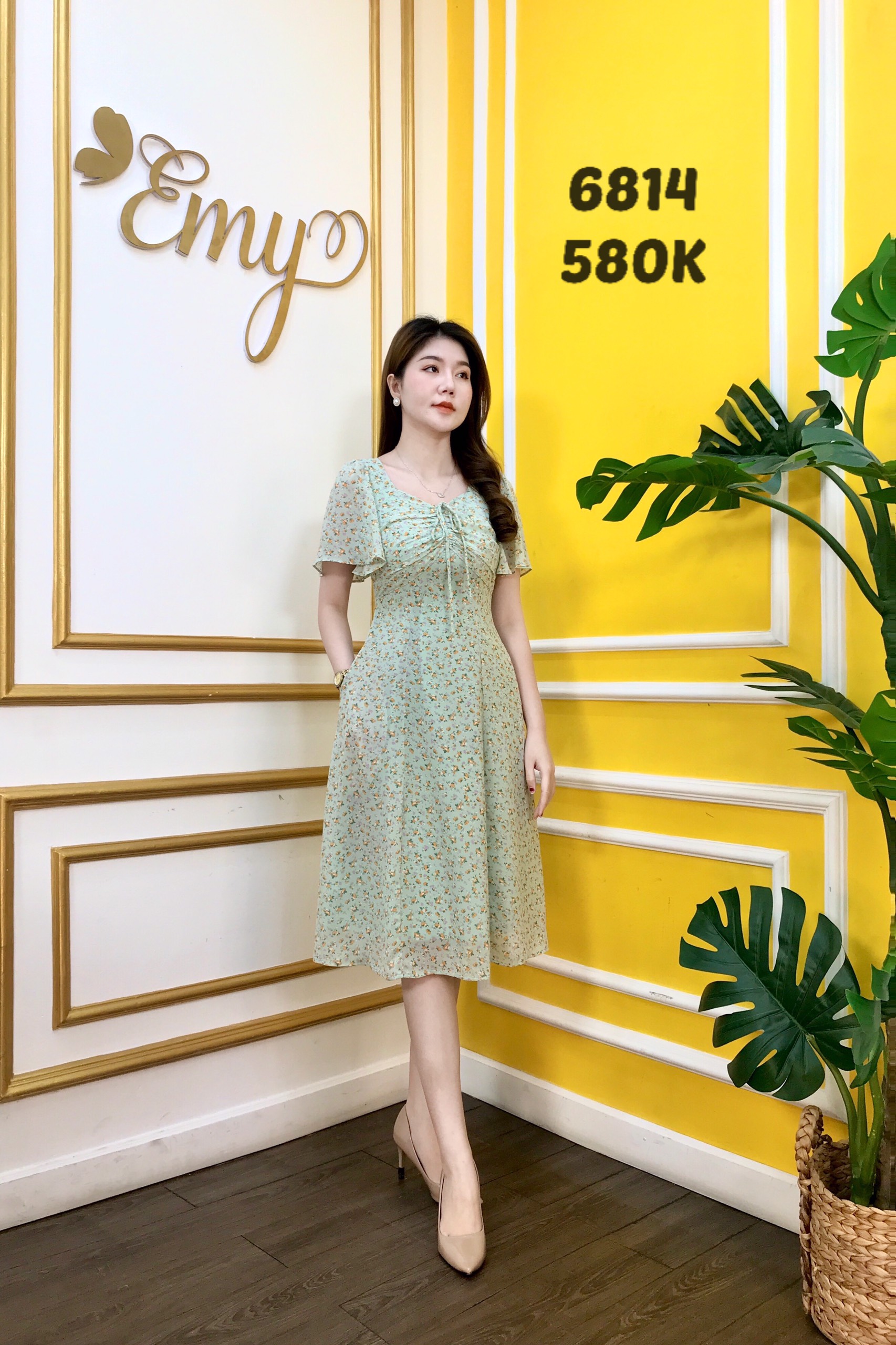 Đầm emy em6814 xoè xanh nhí cổ lục giác