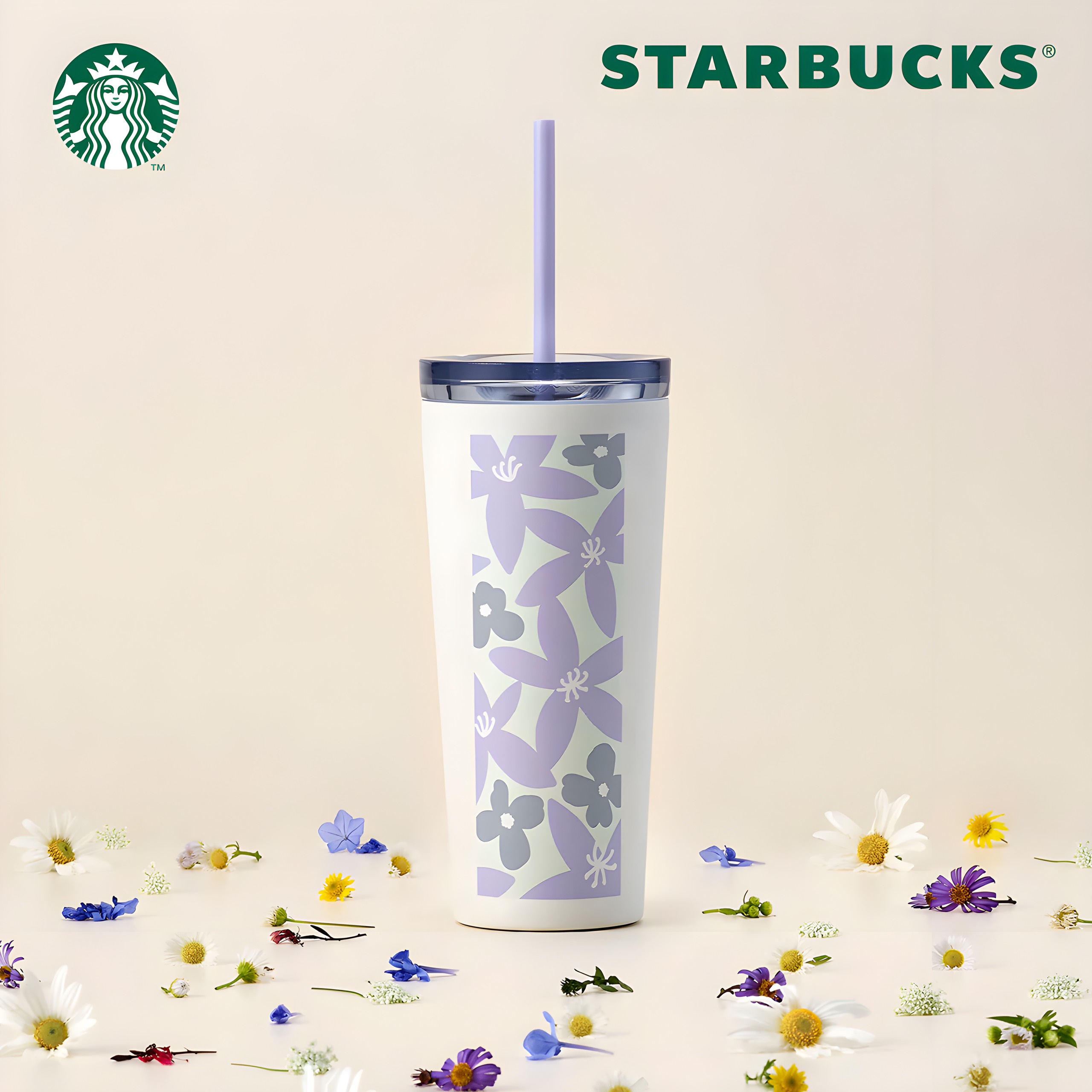 Ly Starbucks Cold Cup Chính Hãng 16oz Big Flower Purple White