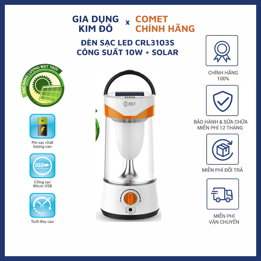 Đèn sạc LED tích điện năng lượng mặt trời Comet CRL3103S Công Suất 10w, nhỏ gọn, Pin 1600mAh, Sử dụng đến 25h - Hàng Chính Hãng