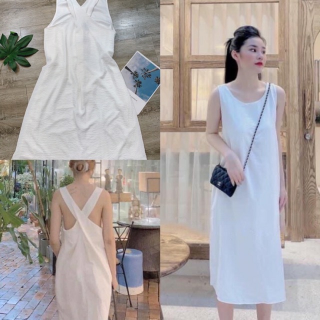 Váy maxi form rộng hai dây bản to đan chéo lưng