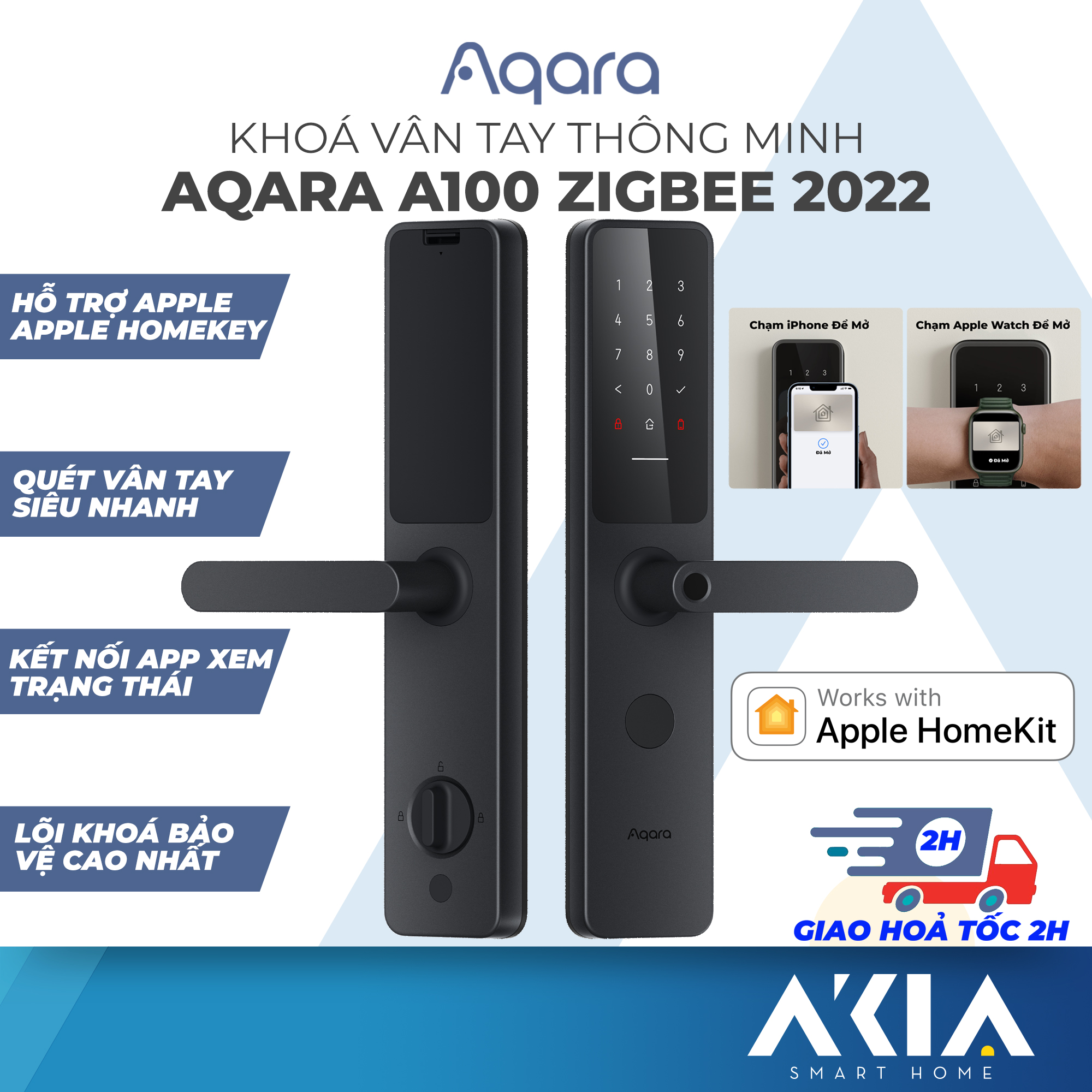 Khóa Vân Tay Aqara A100 Smart Door Lock ZNMS02ES, Hỗ trợ mở cửa bằng HomeKey, 7 chức năng mở cửa vân tay Bluetooth Mật khẩu Mở khóa NFC Hoạt động với Apple HomeKit