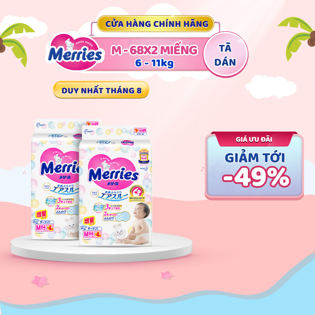 Thùng 2 Tã dán Merries cộng miếng size M68