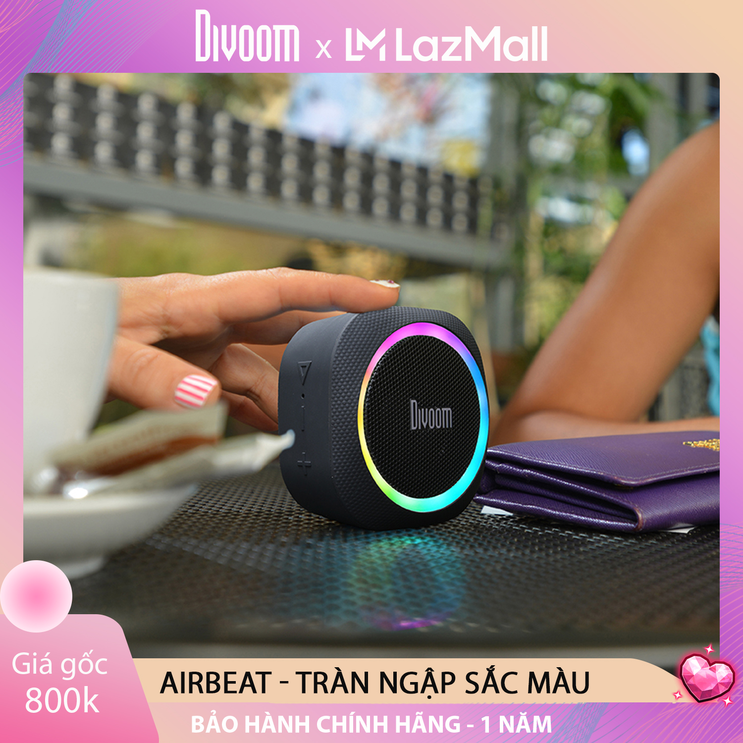 Loa Bluetooth Divoom - Airbeat 30 4W - Khung cao su chống sốc, dây đeo cá tính - vòng tròn LED RGB 16 Triệu màu