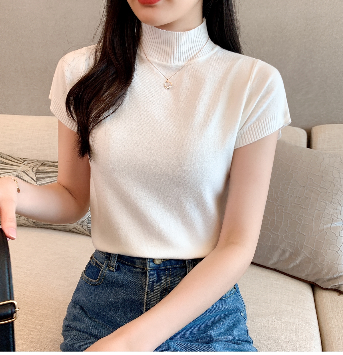 Áo len cổ lọ cộc tay hến dệt kim nhiều màu
