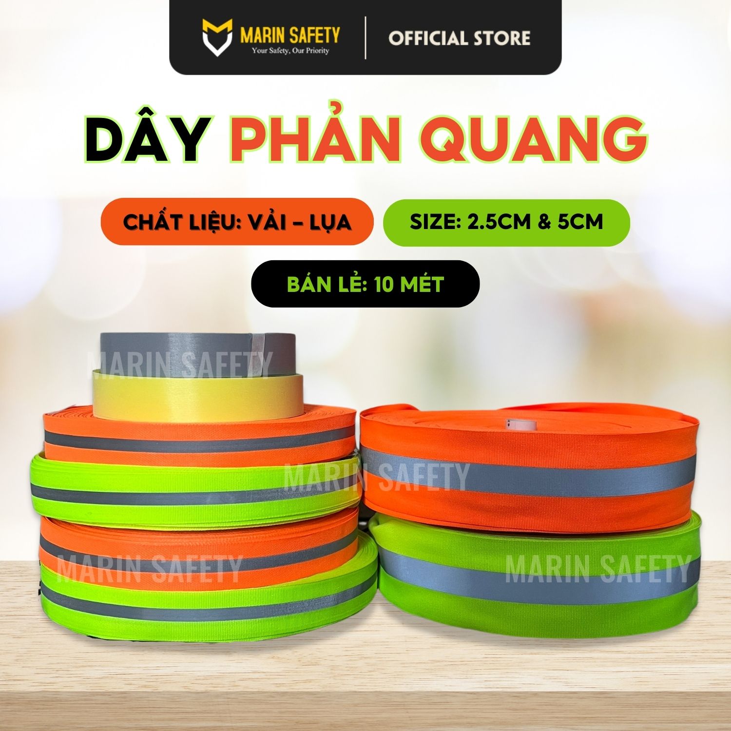 Dây phản quang vải, dây phản quang giao thông loại 1, kích thước 2.5cm và 5cm