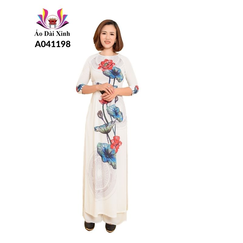 Bộ sản phẩm áo dài truyền thống, Cổ tròn tay lỡ, Lụa cao cấp.