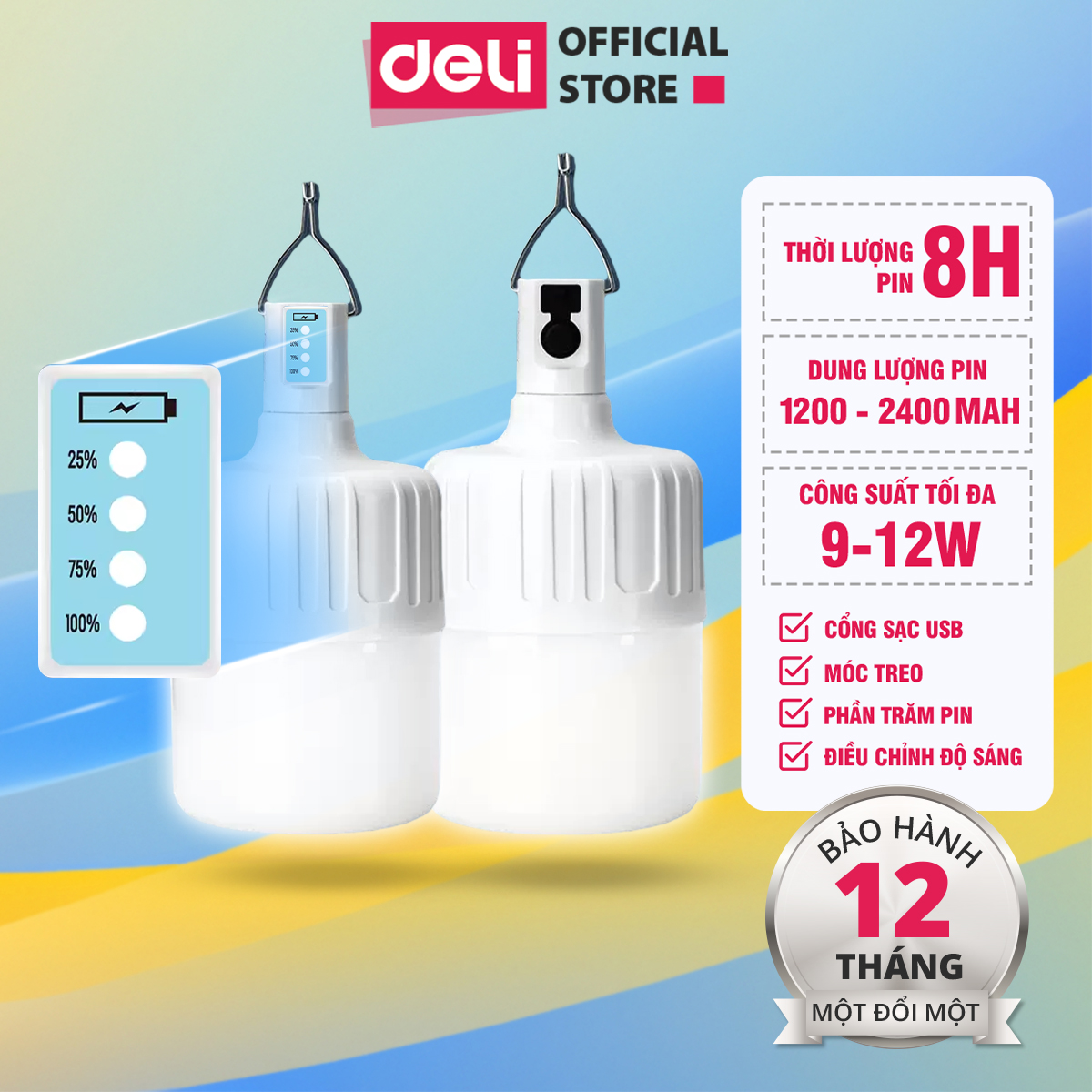 Đèn Tích Điện Cao Cấp - Bóng Đèn Dùng Liên Tục 8 Giờ - Đèn Có Kèm Móc Treo Đa Năng  Sử Dụng Dễ Dàng Tiện Lợi Cho Gia ĐÌnh, Picnic Ngoài Trời, Dã Ngoại