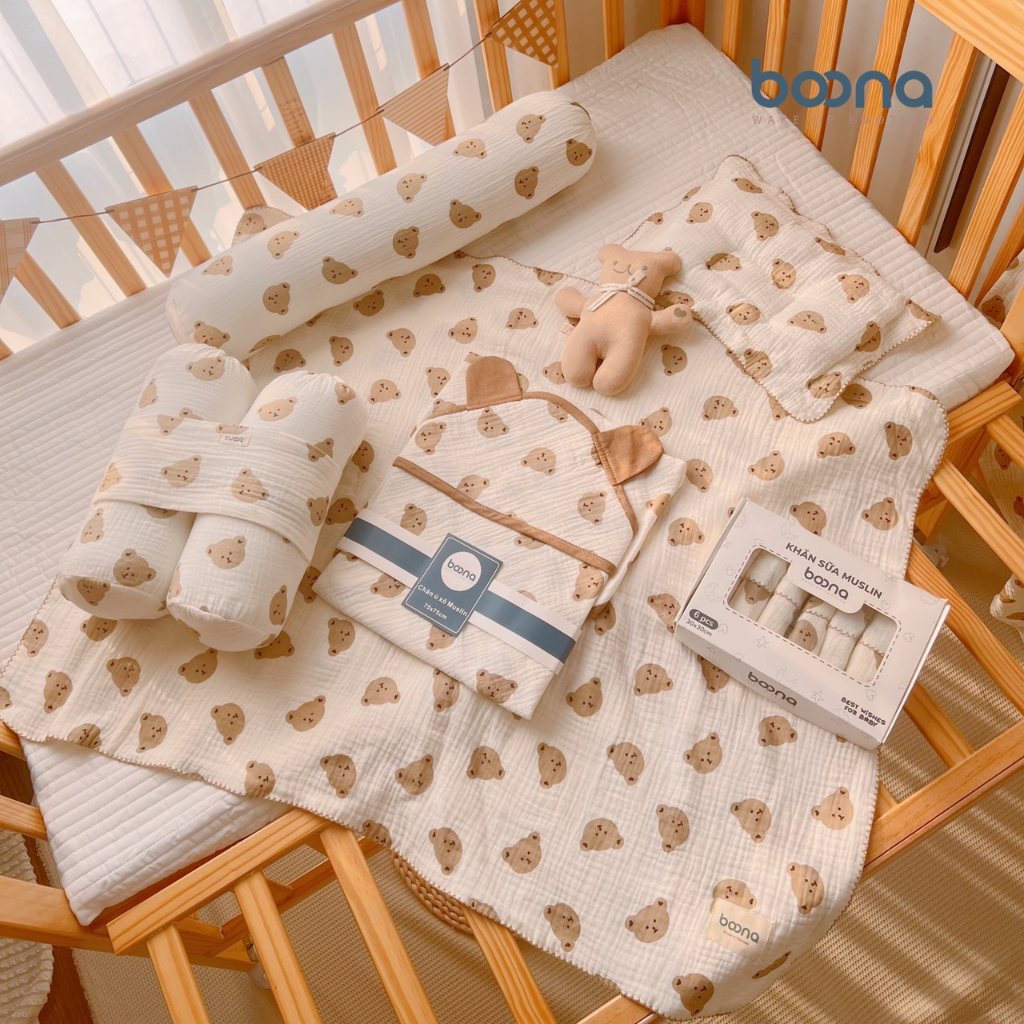 Combo sơ sinh Boona cho bé trai, bé gái gồm 6 sản phẩm muslin cao cấp