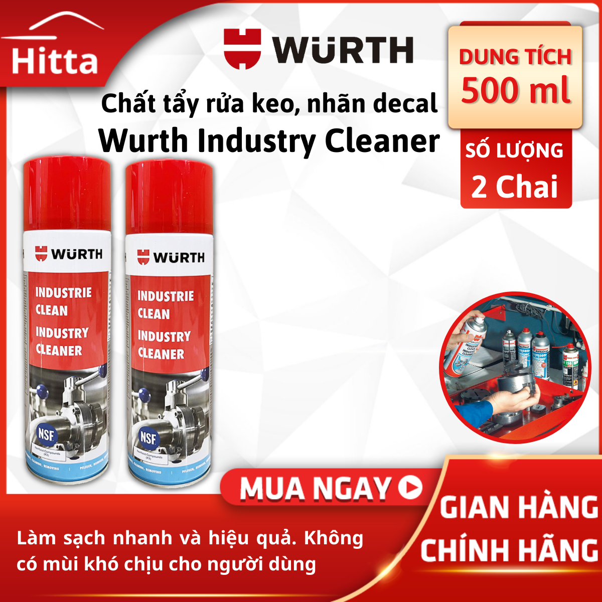 Chai xịt tẩy rửa keo nhãn decal Wurth Industry Cleaner 500ml- Hàng nhập khẩu Đức