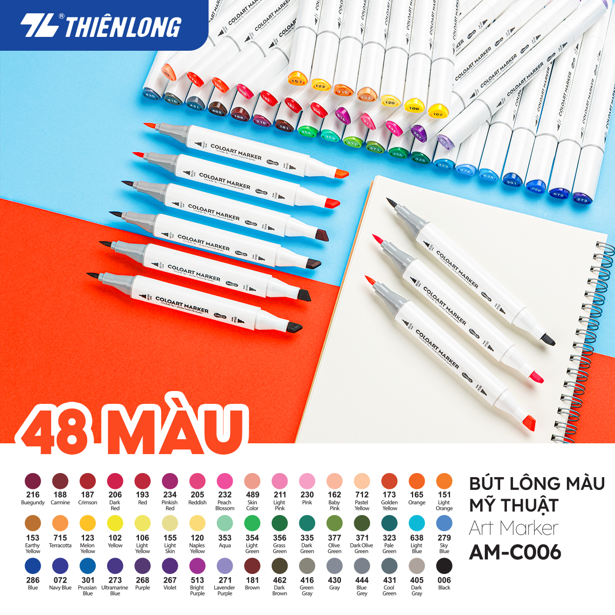  Bút dạ màu 2 đầu Art Marker Thiên Long Colokit - Bút dạ 12 24 36 48 màu chuyên dụng mực bền màu mau khô dùng vẽ tranh calligraphy 