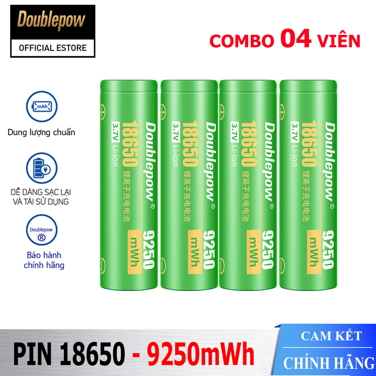 [04 viên bằng] Pin 18650 - 3,7V sạc lại Doublepow - 9250mWh đầu bằng Doublepow, pin dung lượng thực - Pin chính hãng
