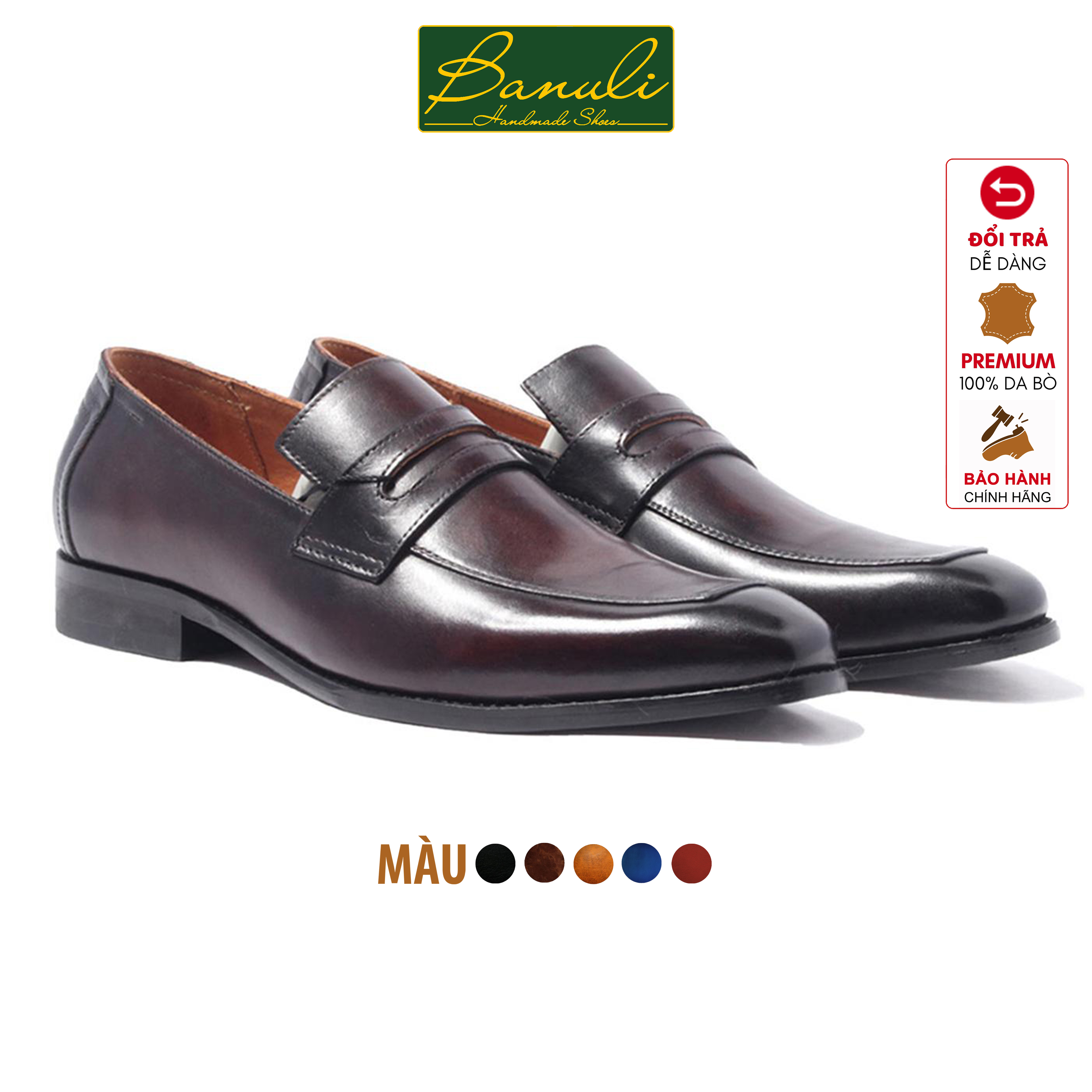 Giày Tây Lười Nam Công Sở Banuli Da Bê Italian Penny Loafers H1PL2 (Da Veg Itali Mềm Dẻo, Đế Siêu nhẹ, Bảo Hành Trọn Đời)