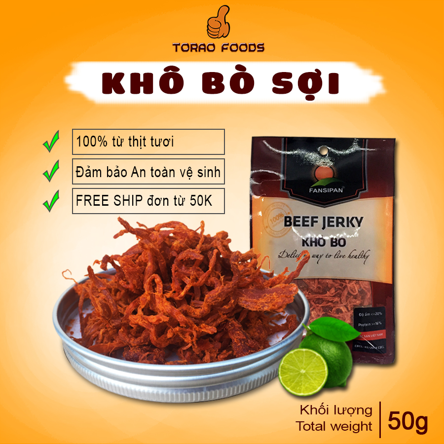 Khô bò sợi Fansipan gói 50g sợi mềm cay vừa, thơm ngon, đảm bảo An toàn vệ sinh Thực phẩm. Torao foods - Đồ ăn vặt ngon