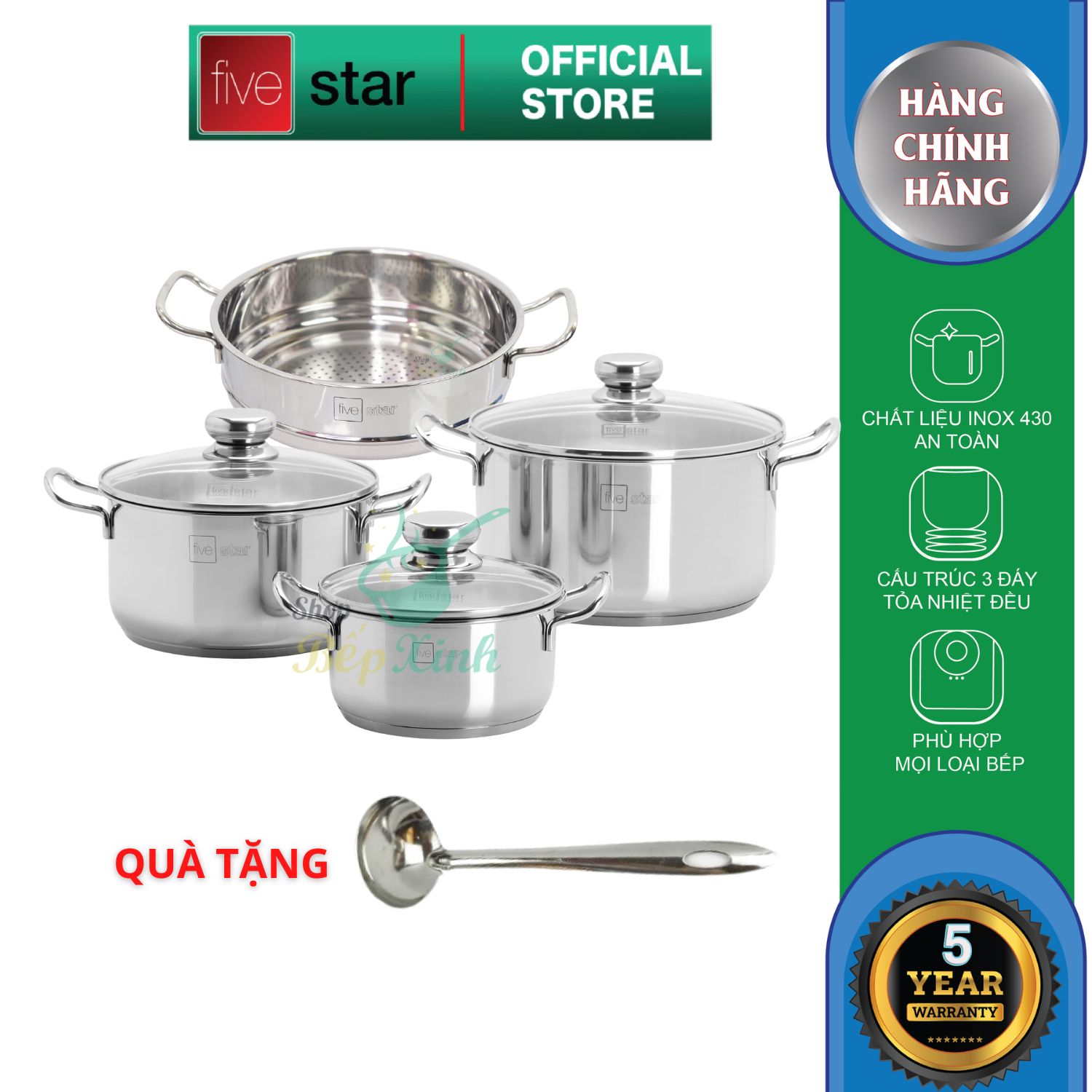 Bộ Nồi Xửng 3 Đáy Inox 430 Fivestar Standard nắp kính  ( gồm 1 nồi 16cm x 1 nồi 20cm x 1 nồi 24cm và 1 thân xửng 24cm ), tặng 2 vá canh