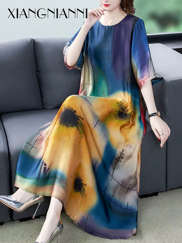 OC Đầm Hoa Cổ Tròn Rộng Cỡ Lớn 2024, Nữ maxi đi biển