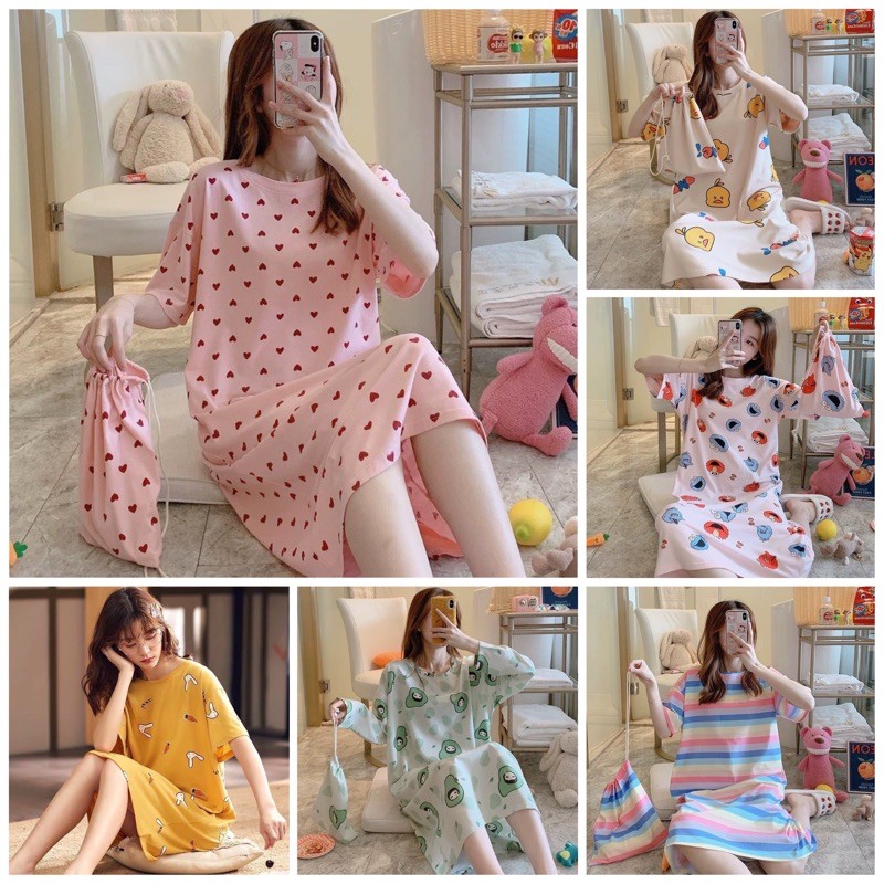 Váy ngủ, bộ đồ ngủ nữ kiểu Hàn Quốc cộc tay/dài tay freesize hai màu hồng,  xanh ren hoa văn cherry | Shopee Việt Nam