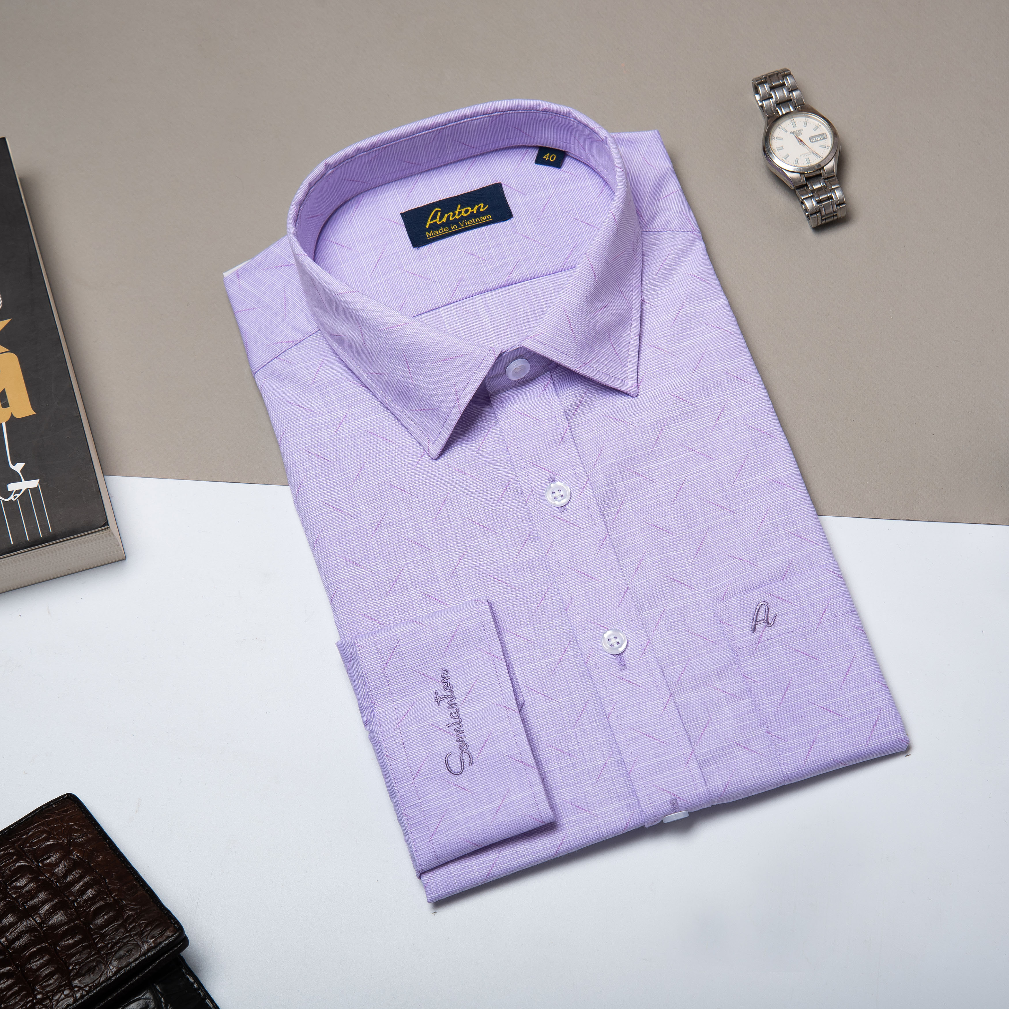 HÀNG VIỆT NAM Áo sơ mi nam dài tay vải sợi tre họa tiết màu hồng tím thương hiệu Anton - X8563