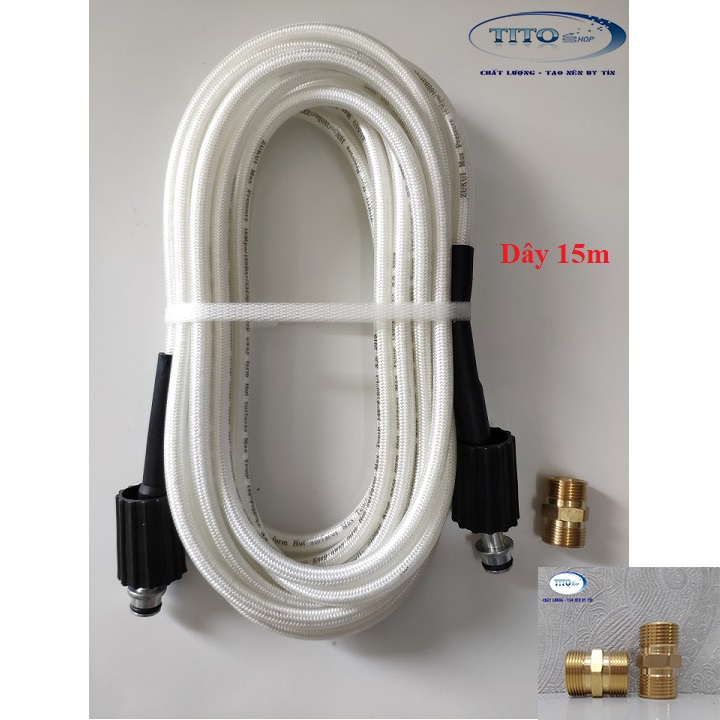 [COMBO] Dây 15m xịt rửa cao áp +  Khớp nối 2 dây cao áp bằng đồng - Phụ kiện máy rửa xe