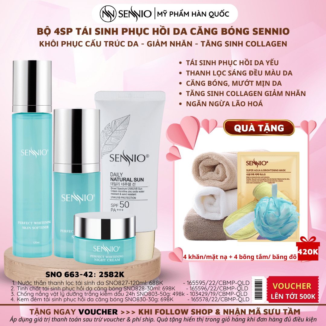 Bộ 4 sản phẩm kem dưỡng da Sennio Perfect Whitening Set 4 Combo tái sinh phục hồi da căng bóng chống lão hoá da