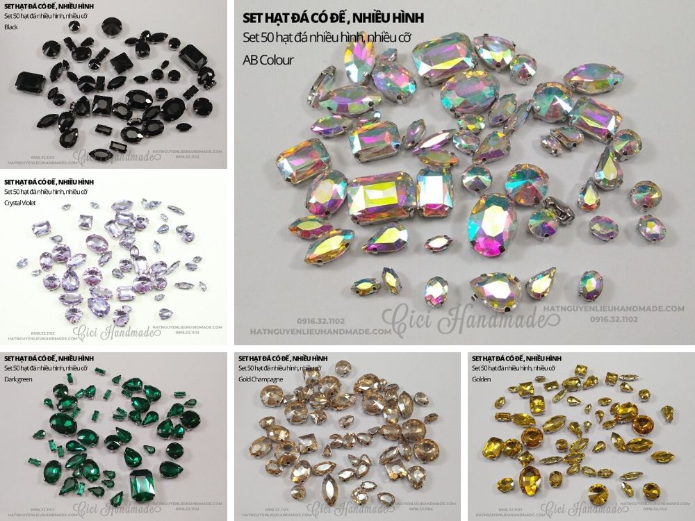 Set 50 hạt đá đế lỗ khâu, nhiều hình, nhiều cỡ ngẫu nhiên Cici Handmade chuyên hạt đá hạt pha lê hạt cườm hạt trang sức