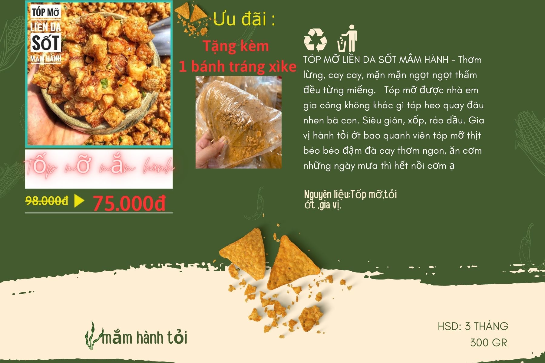 Tốp mỡ mắm hành -Tặng kèm bánh tráng muối tỏi-Thơm tại sao không thử