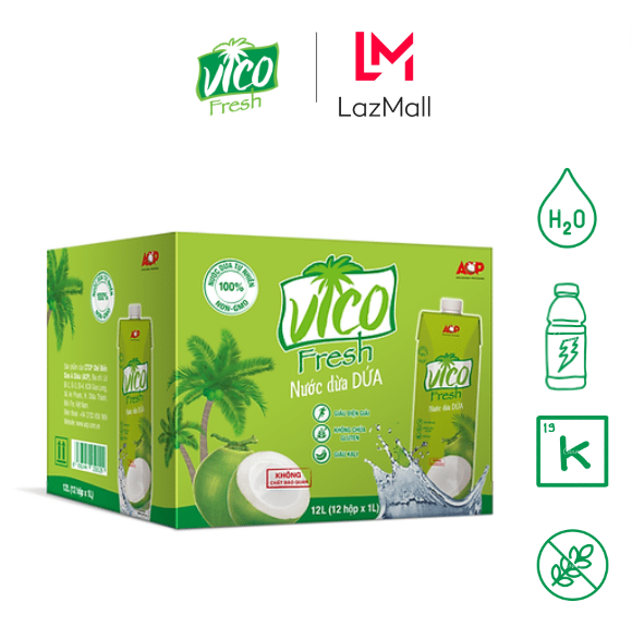 1 thùng 12 hộp nước dừa vico fresh 1l - vị dứa